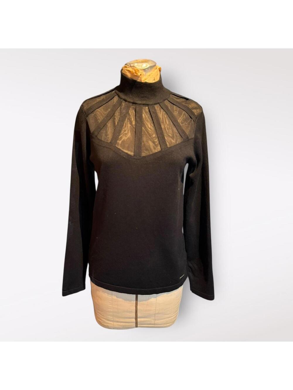 Catherine Malandrino Black Long Sleeve Sweater with Sheer Yoke Detail